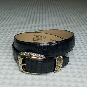 Brighton Classics Croc Embossed Leather Belt 2 Tone Hardware Silver/Gold M/L 32